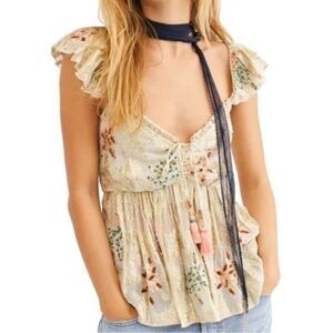 Free People All That Shimmers Jacquard Metallic‎ Embroidered Top Shirt Medium